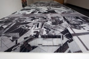 'Table' (2014) collage, steel legs, varnished oak, Briggs & Cole, as part of 'Temperance 3/5'. Photo: Janet Wilson