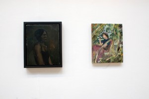 [l] Lynette Yiadom-Boakye, A Head for Poison, 2011 [r] Hernan Bas, This gaudy fellow might easily have been mistaken for a wanderer from the tropics, 2011. 'To Have A Voice', Mackintosh Museum, GSA (2012) Photo: Janet Wilson