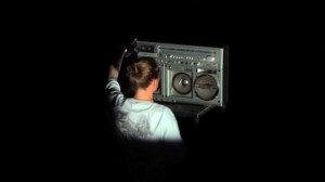 'microsphaeric howard hughes heaven movie' (2014), Charlotte Prodger. Performance view, Tramway, Glasgow. Photo: Martin Clark. Image courtesy Kendall Koppe, Glasgow