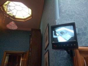 ‘Mouth to Mouth’, (1995), Smith/Stewart, single black & white security monitor installation + amplified sound. Looped. 