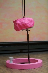 'Called Upon', Michael Stumpf (2014). Paper, denim, acrylic resin, aluminium, glazed ceramic steel, tube clamps, wood. 'This Song Belongs to Those who Sing It', GSA. Photo: Janet Wilson.