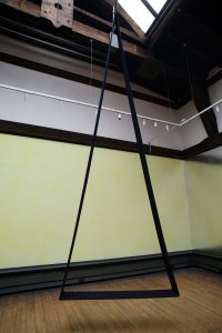 'Endless long bowed phrases', Michael Stumpf (2014). Denim, plywood, steel, tube clamp. 'This Song Belongs to Those who Sing It', GSA. Photo: Janet Wilson. 