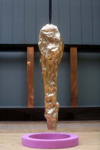 'Perplexed', Michael Stumpf (2014), 'This Song Belongs to Those who Sing It', GSA. Photo: Janet Wilson. Paper, calico, aerosol paint, denim, acrylic-resin, steel, tube clamps.