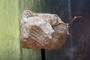 'Song (Ring, Twig, Rock), sandstone, cast bronze, glass, steel, tube clamp (2014), Michael Stumpf. 'This Song Belongs to Those who Sing It', GSA. Photo: Janet Wilson.