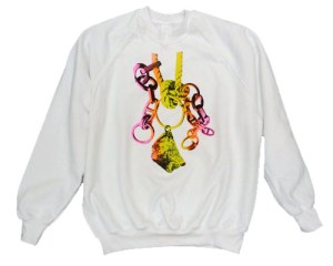 'SWEATS Lovesong; Song (ring, chain, rope, nail, rock)' (2012), Michael Stumpf. Ongoing series of screenprinted sweatshirts. 