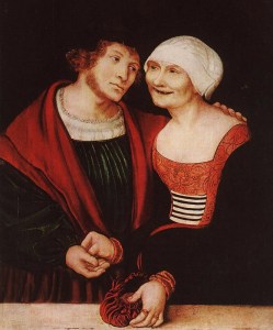 ‘Ill-matched Couple: Young Man and Old Woman’ Lucas Cranach the Elder (1520-22) Oil and tempera on red beechwood, 37 x 31 cm. Szépmûvészeti Múzeum, Budapest 