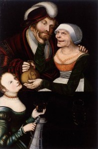 ‘Ill-matched Couple: Young Man and Old Woman with a Maid’, Cranach Workshop, Lucas Cranach the Younger (c. 1540s) Oil and tempera on pine, 91 x 61cm. Kunstsammlungen der Veste Coburg, Coburg  
