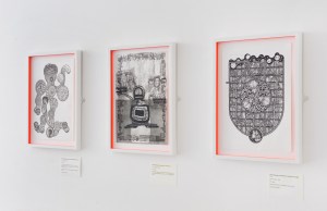 'Phew drawings on decisions: Radio Octopus', (2014); 'Phew drawings on decisions: The One', (2014); 'Phew drawings on decisions: Donkeyroo Caught', (2014); Oliver Braid. Photo: Alan Dimmick