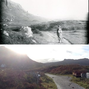 (t) Detail, 'figure, Miss D probably, on road in Eigg' Ref: 95820.182.185, Inverness Museum & Art Gallery (b) Photo: Jenny Brownrigg (2016)