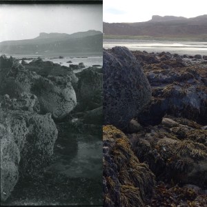 (l) Detail of 'Coast of Eigg, Sgurr in background', MEM Donaldson, Ref: 958.20.505, Inverness Museum & Art Gallery. (r) Photo: Jenny Brownrigg (2016)